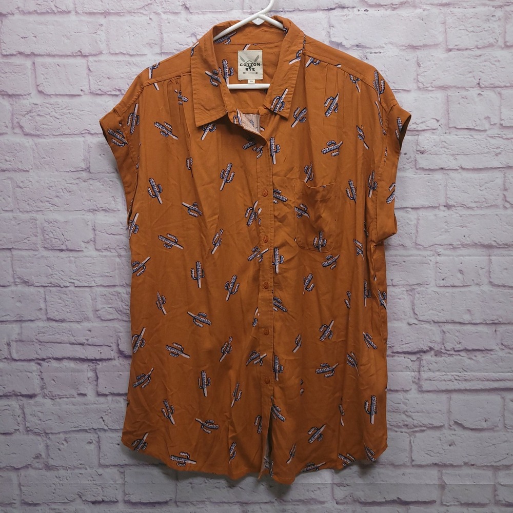 Cotton & Rye Outfitters Women XL Cactus Print Short Sleeve Button-Up Boho Casual